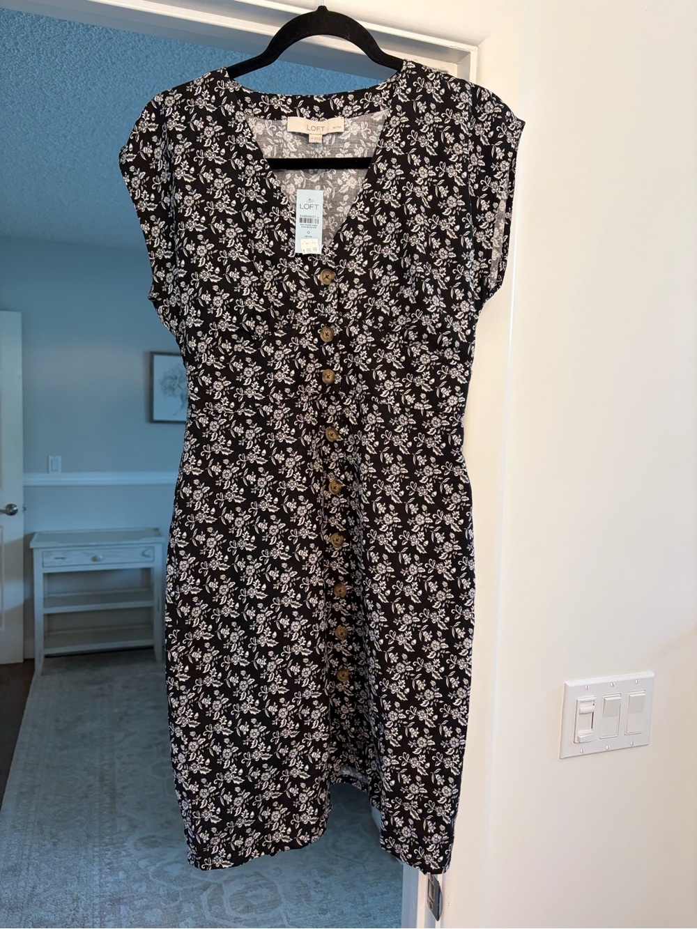 LOFT Black and White Floral Button-Front Dress